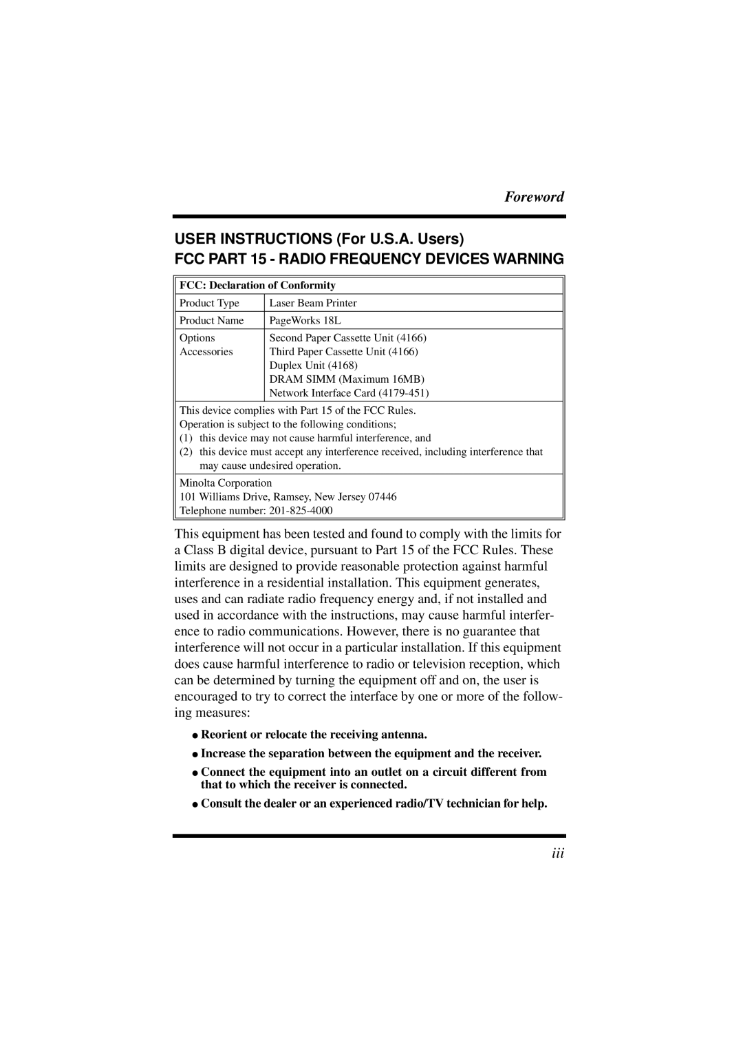 Minolta 18L manual User Instructions For U.S.A. Users, FCC Part 15 Radio Frequency Devices Warning 