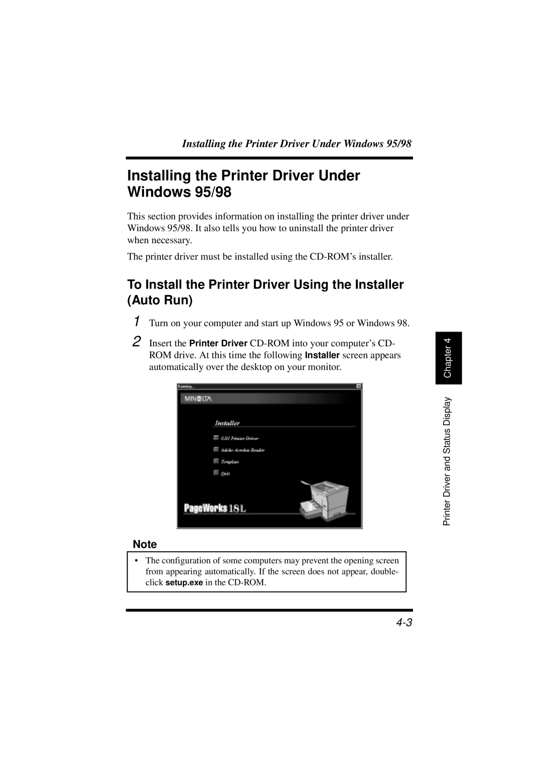 Minolta 18L Installing the Printer Driver Under Windows 95/98, To Install the Printer Driver Using the Installer Auto Run 