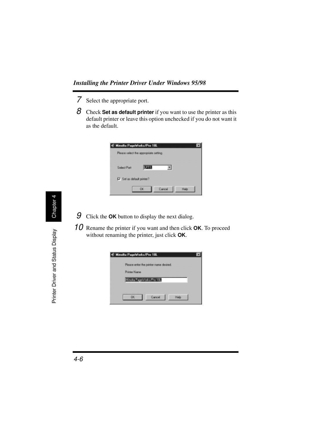 Minolta 18L manual Installing the Printer Driver Under Windows 95/98 