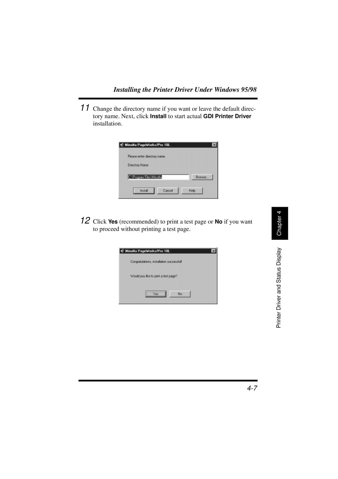 Minolta 18L manual Installing the Printer Driver Under Windows 95/98 