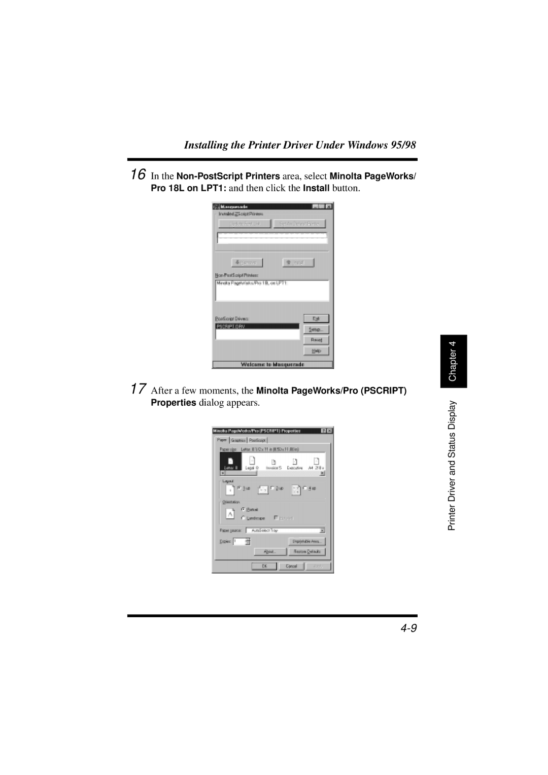 Minolta 18L manual Installing the Printer Driver Under Windows 95/98 