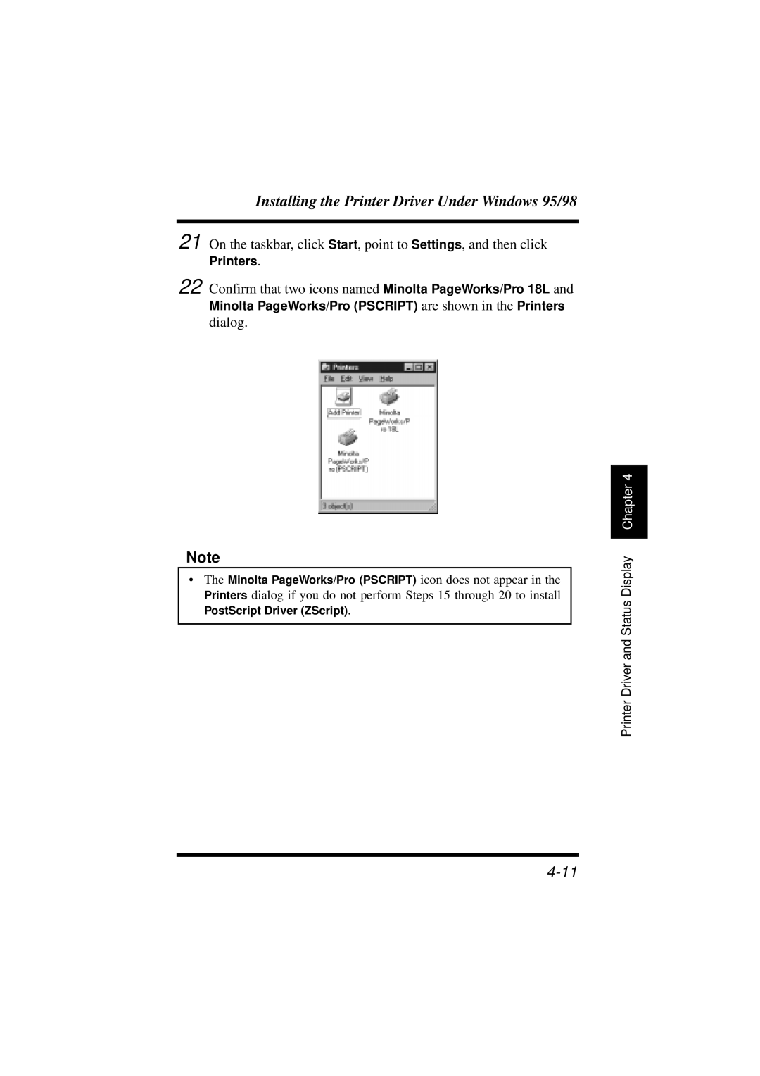 Minolta manual Confirm that two icons named Minolta PageWorks/Pro 18L 