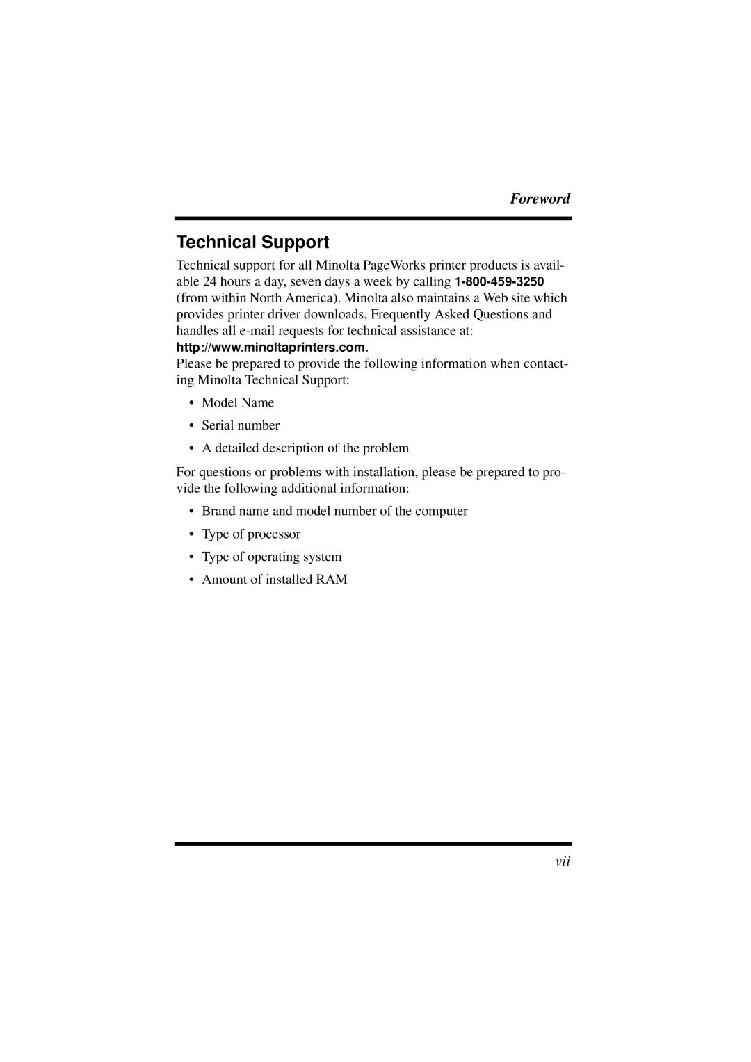 Minolta 18L manual Technical Support 