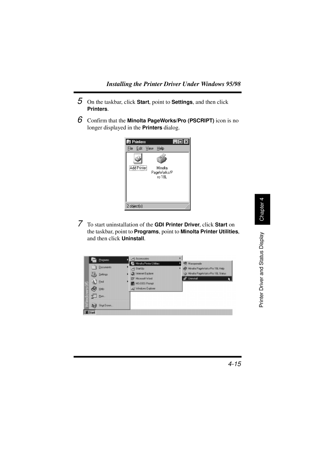 Minolta 18L manual Installing the Printer Driver Under Windows 95/98 