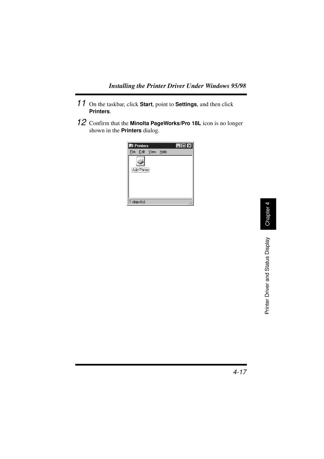 Minolta 18L manual Installing the Printer Driver Under Windows 95/98 