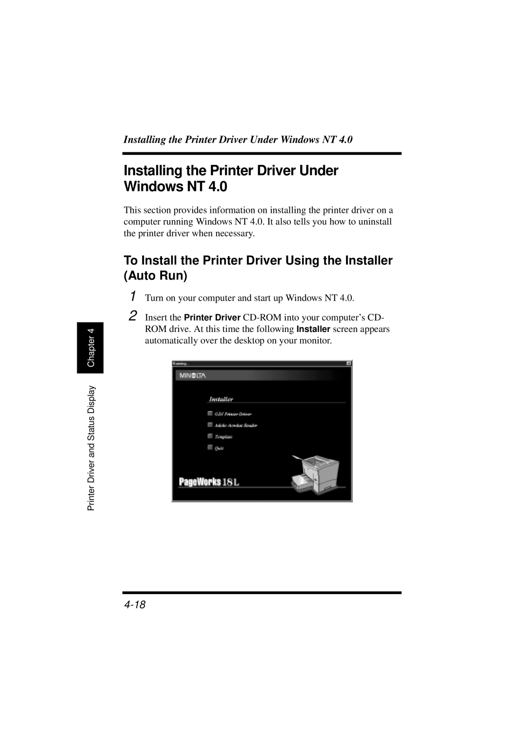 Minolta 18L Installing the Printer Driver Under Windows NT, To Install the Printer Driver Using the Installer Auto Run 