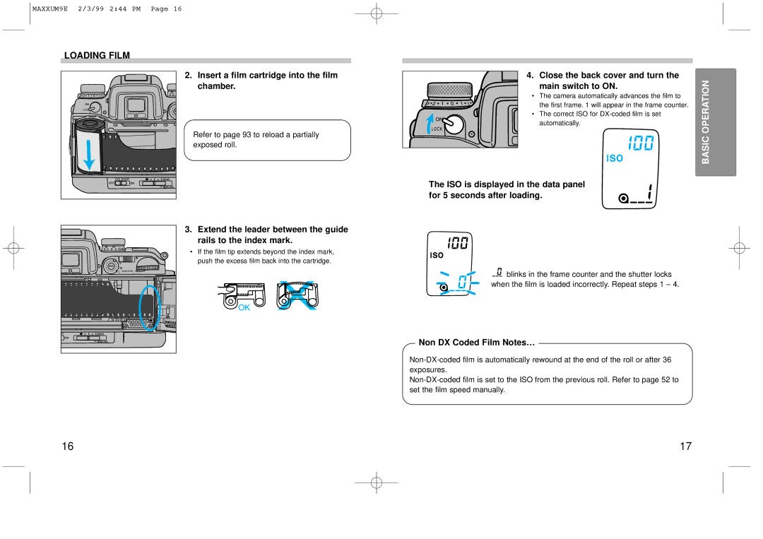 Minolta 2098-301 Insert a film cartridge into the film chamber, Close the back cover and turn, Non DX Coded Film Notes… 