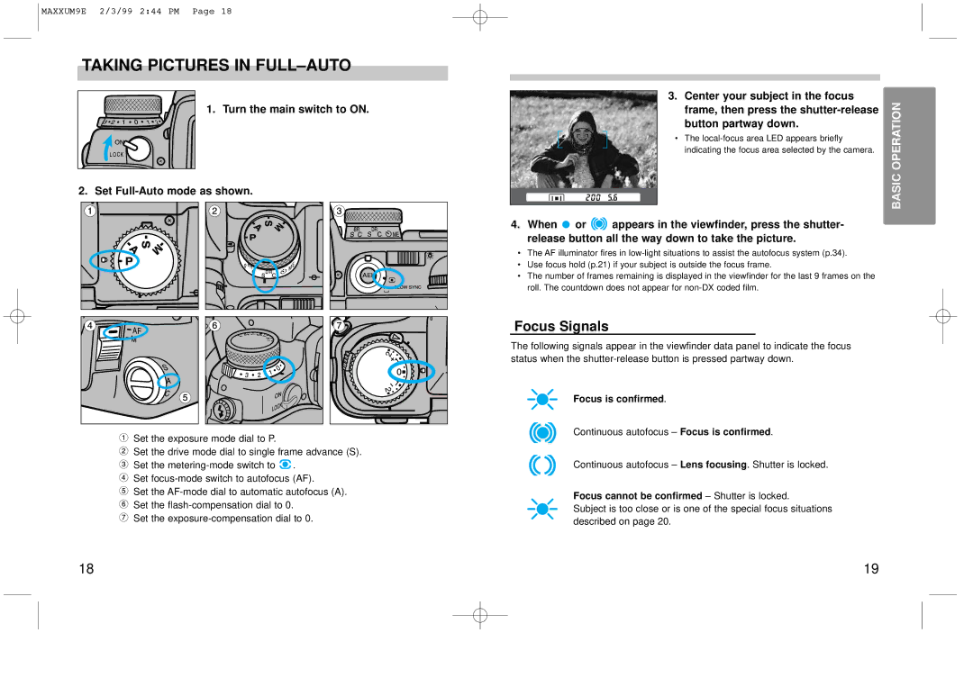 Minolta 2098-301 Taking Pictures in FULL-AUTO, Focus Signals, Turn the main switch to on Set Full-Auto mode as shown 