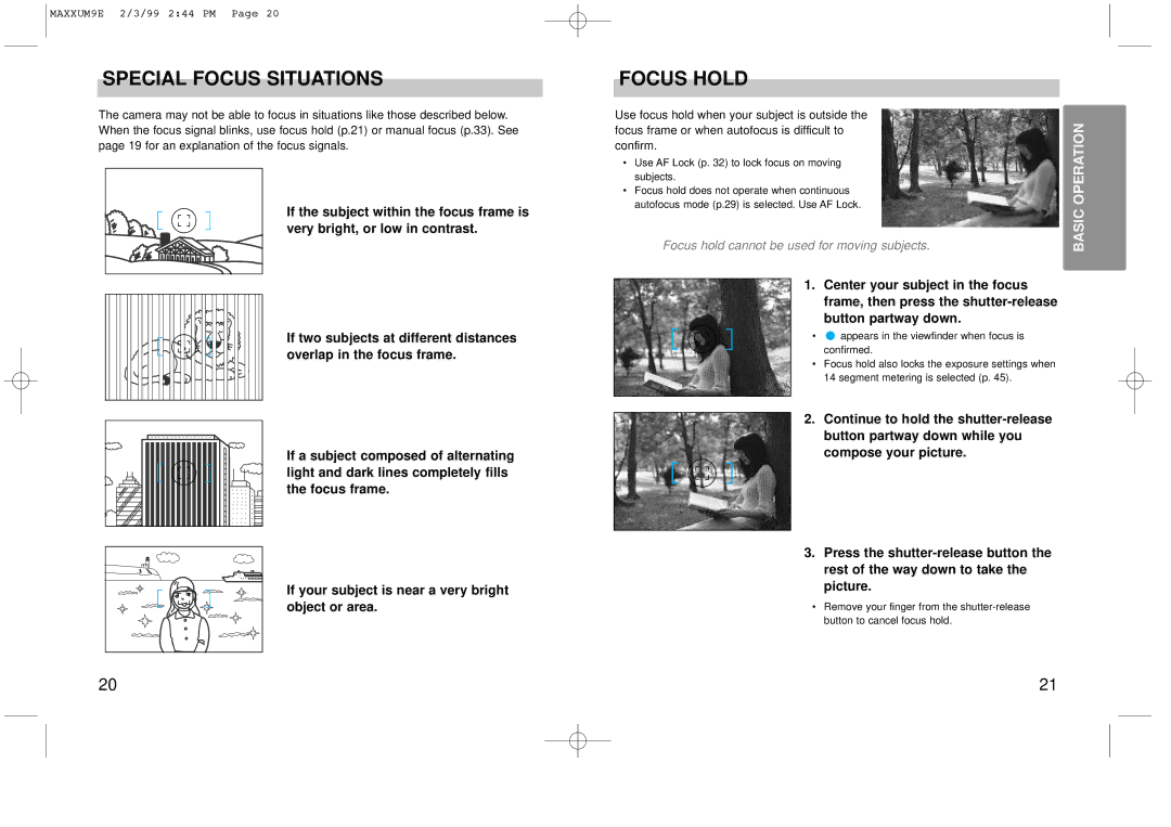 Minolta 2098-301 instruction manual Special Focus Situations, Focus Hold 