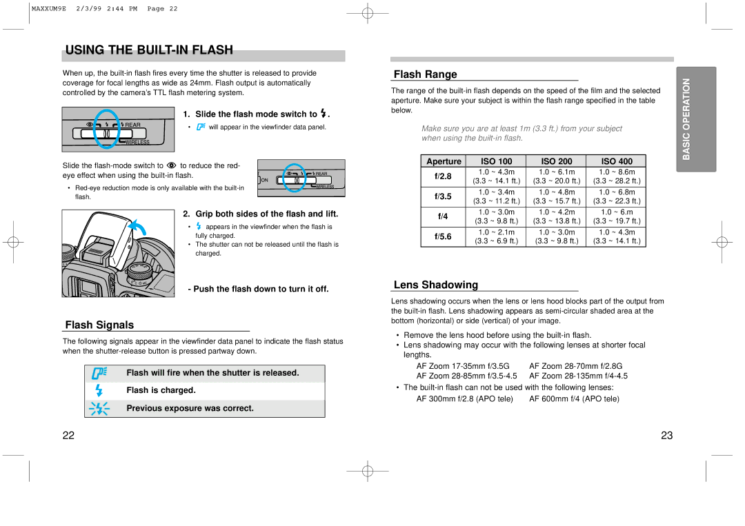 Minolta 2098-301 instruction manual Using the BUILT-IN Flash, Flash Signals, Flash Range, Lens Shadowing 