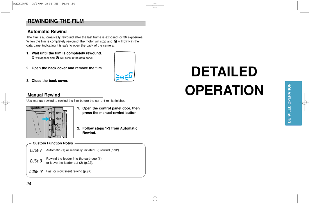 Minolta 2098-301 instruction manual Detailed Operation, Rewinding the Film, Automatic Rewind, Manual Rewind 