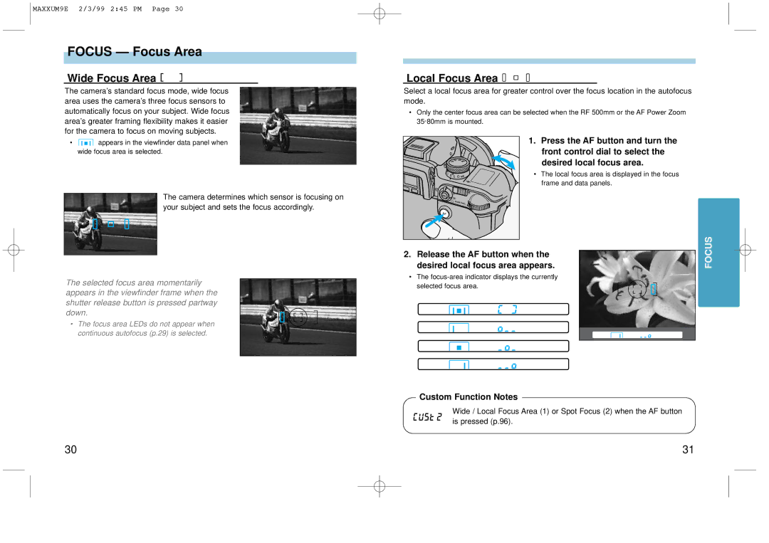 Minolta 2098-301 instruction manual Focus Focus Area, Wide Focus Area, Local Focus Area 