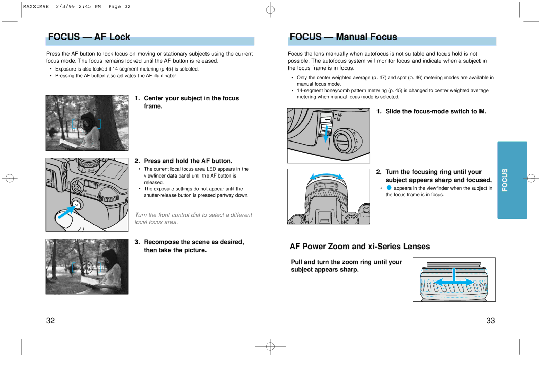 Minolta 2098-301 Focus AF Lock, Focus Manual Focus, AF Power Zoom and xi-Series Lenses, Slide the focus-mode switch to M 