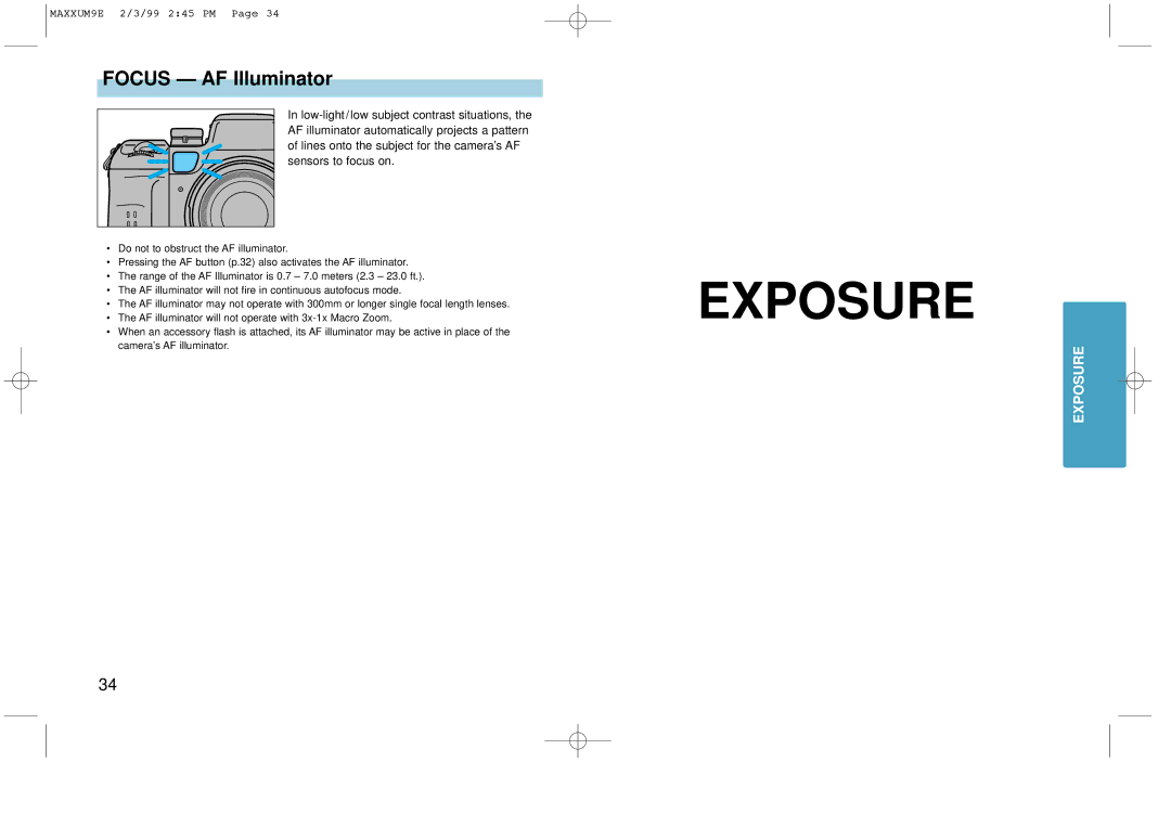 Minolta 2098-301 instruction manual Exposure, Focus AF Illuminator 