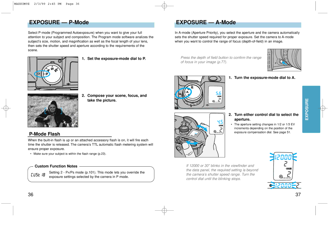 Minolta 2098-301 instruction manual Exposure P-Mode, Exposure A-Mode, Mode Flash, Aperture 