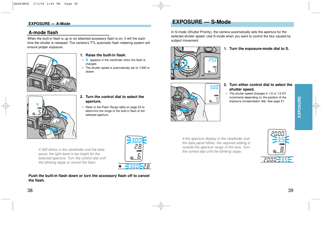 Minolta 2098-301 Exposure S-Mode, Exposure A-Mode, Raise the built-in flash, Turn the control dial to select the aperture 