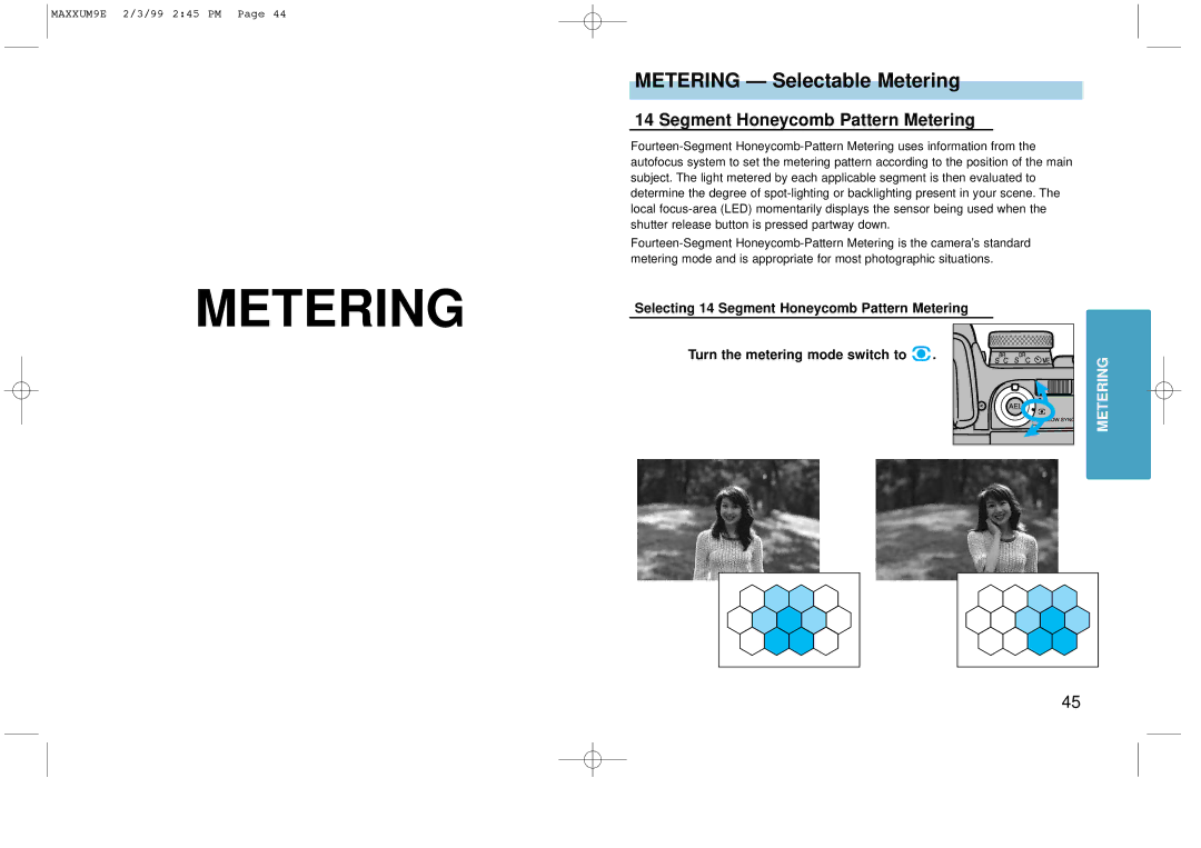 Minolta 2098-301 instruction manual Metering Selectable Metering, Segment Honeycomb Pattern Metering 