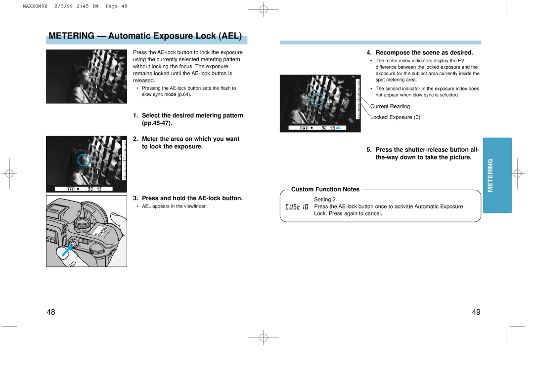 Minolta 2098-301 instruction manual Metering Automatic Exposure Lock AEL, Recompose the scene as desired 