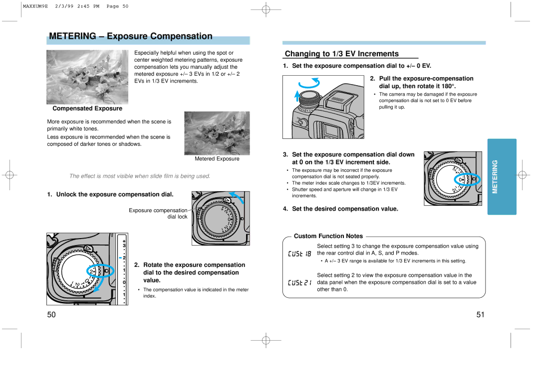 Minolta 2098-301 instruction manual Metering Exposure Compensation, Changing to 1/3 EV Increments 