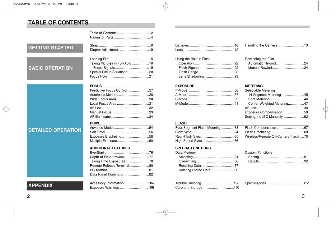 Minolta 2098-301 instruction manual Table of Contents 