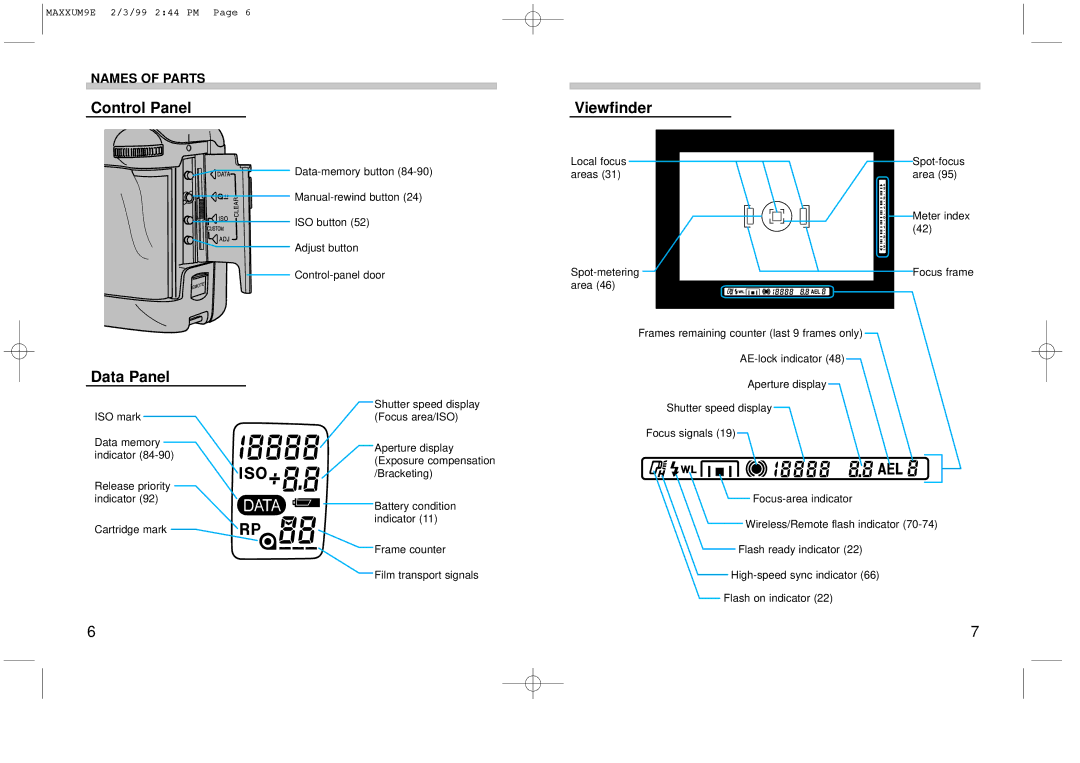 Minolta 2098-301 instruction manual Control Panel, Data Panel, Viewfinder 