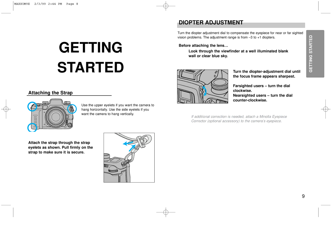 Minolta 2098-301 instruction manual Getting Started, Diopter Adjustment, Attaching the Strap 