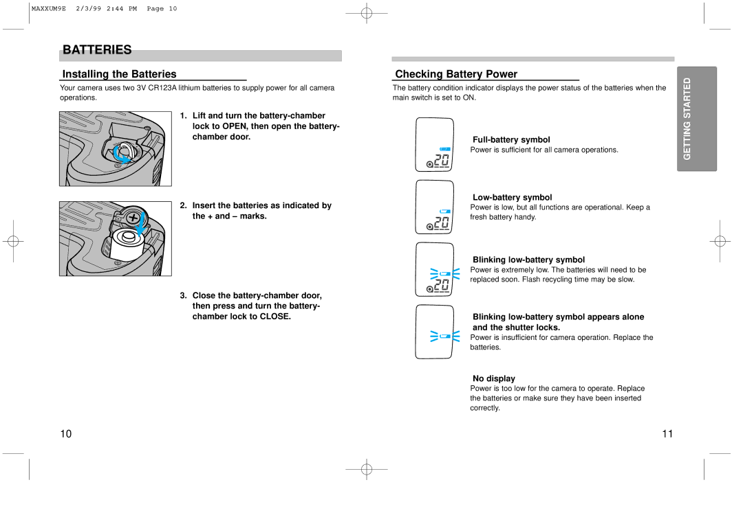 Minolta 2098-301 instruction manual Installing the Batteries, Checking Battery Power 