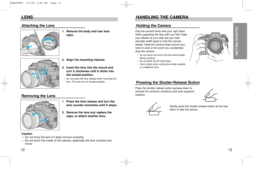 Minolta 2098-301 instruction manual Lens, Handling the Camera 