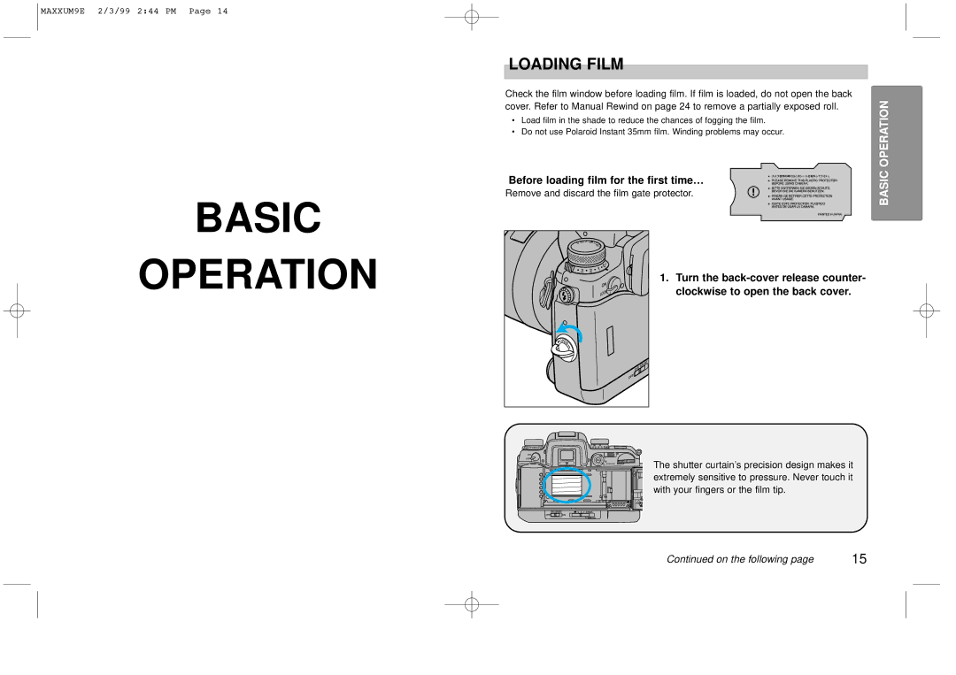 Minolta 2098-301 instruction manual Basic Operation, Loading Film, Before loading film for the first time… 