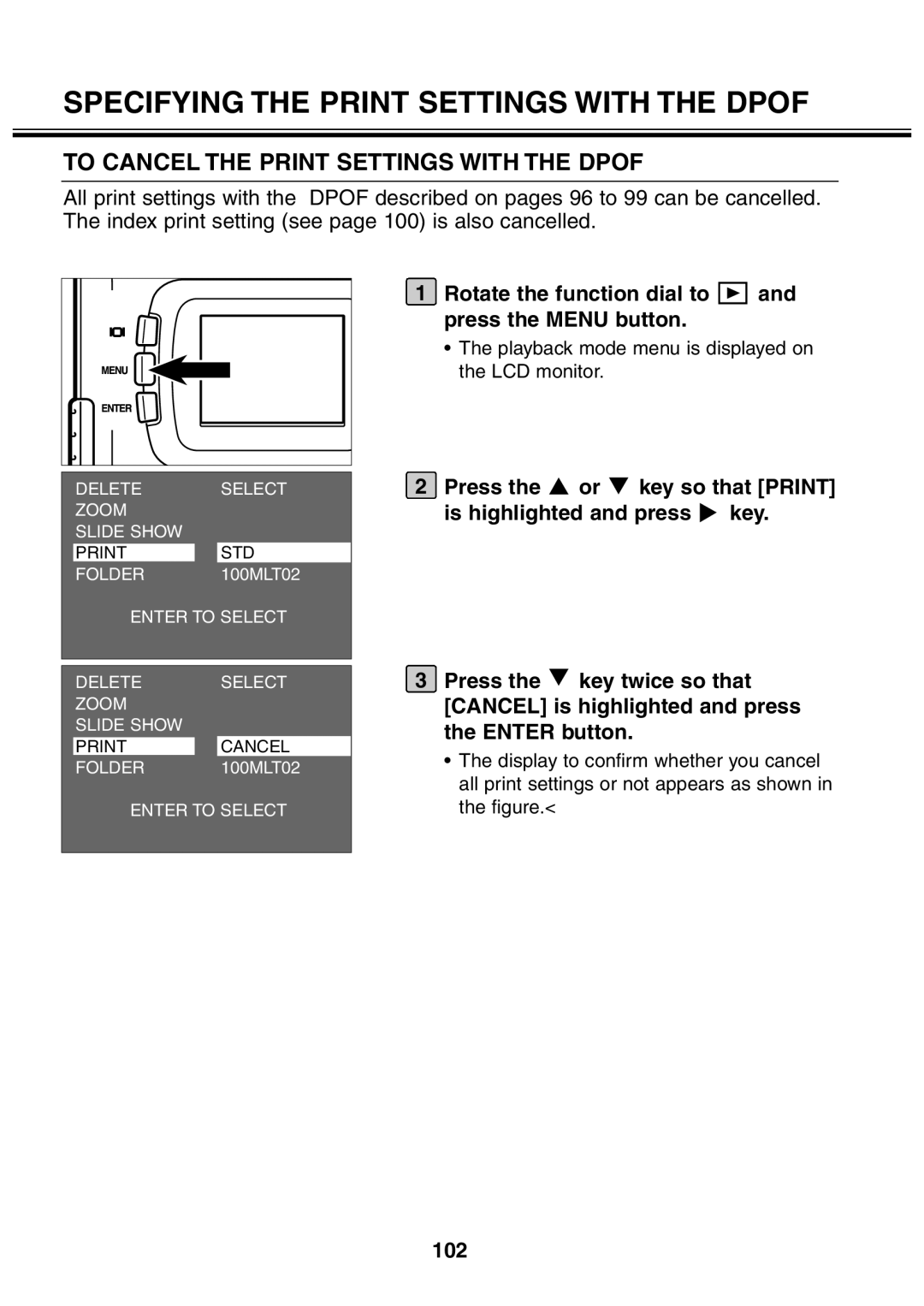 Minolta 2330 instruction manual To Cancel the Print Settings with the Dpof, 102 