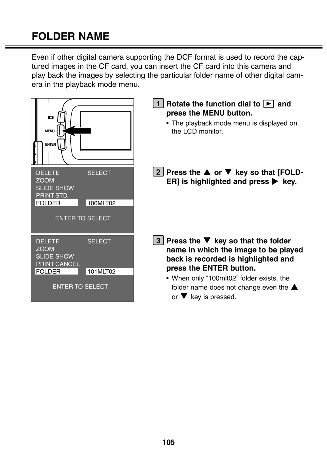 Minolta 2330 instruction manual Rotate the function dial to and press the Menu button, 105 