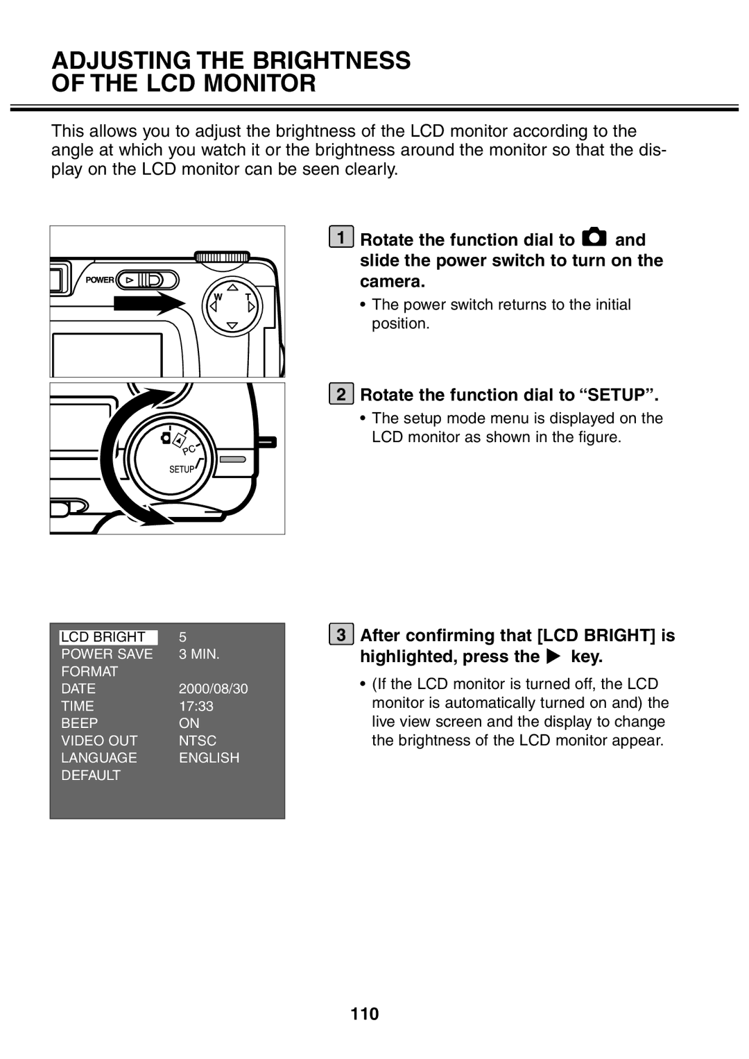 Minolta 2330 instruction manual Adjusting the Brightness LCD Monitor, Rotate the function dial to Setup, 110 