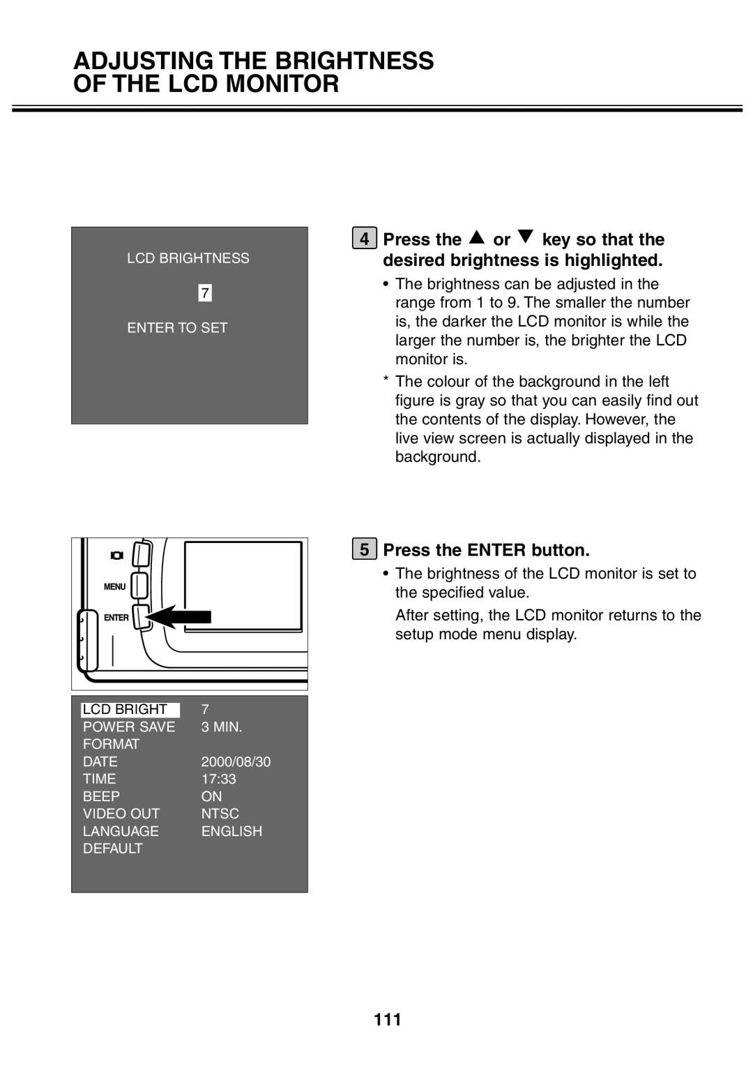 Minolta 2330 instruction manual Adjusting the Brightness of the LCD Monitor, 111 