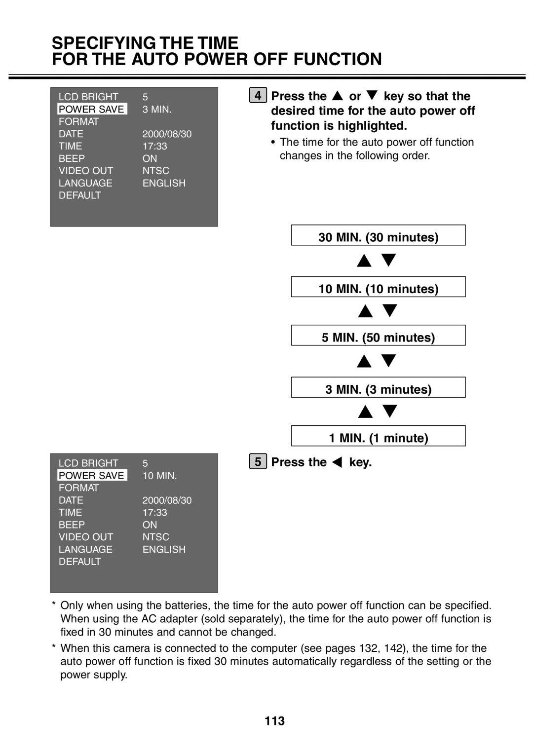 Minolta 2330 instruction manual MIN minutes, 113 