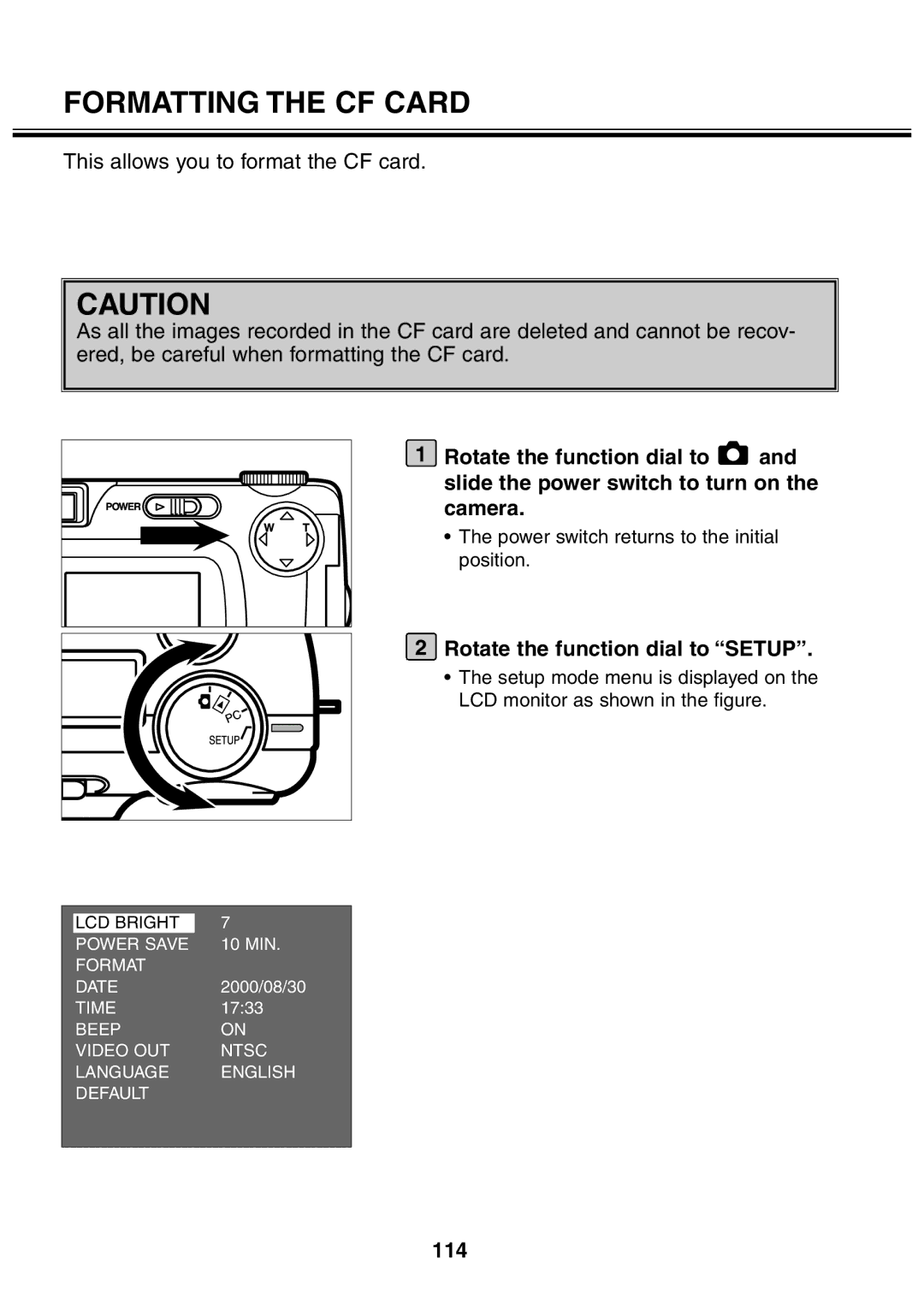 Minolta 2330 instruction manual Formatting the CF Card, 114 