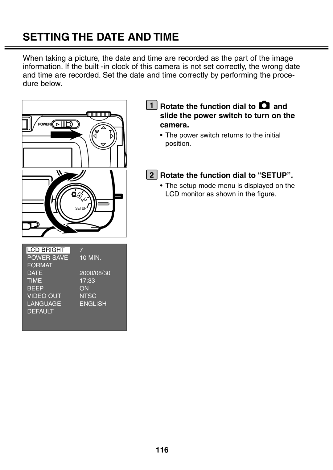 Minolta 2330 instruction manual Setting the Date and Time, 116 