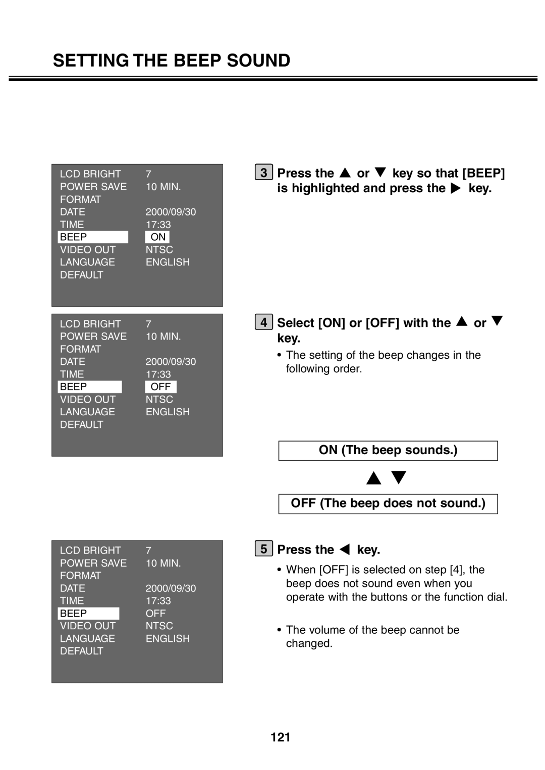 Minolta 2330 instruction manual On The beep sounds OFF The beep does not sound Press the key, 121 