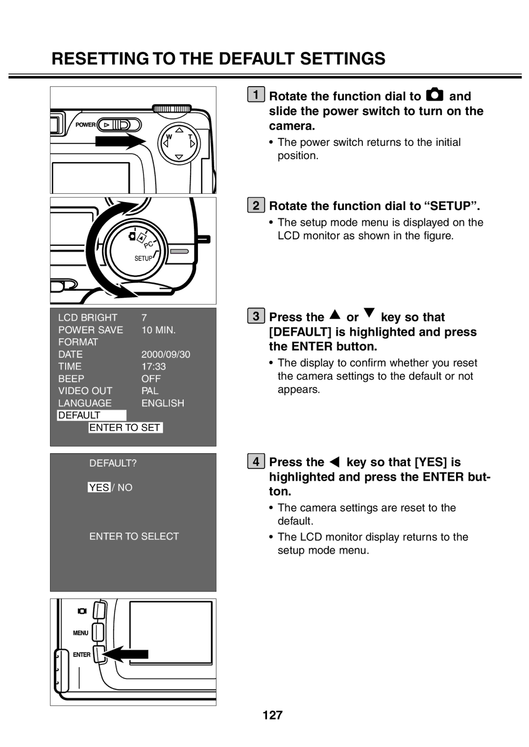 Minolta 2330 instruction manual Rotate the function dial to Setup, 127 