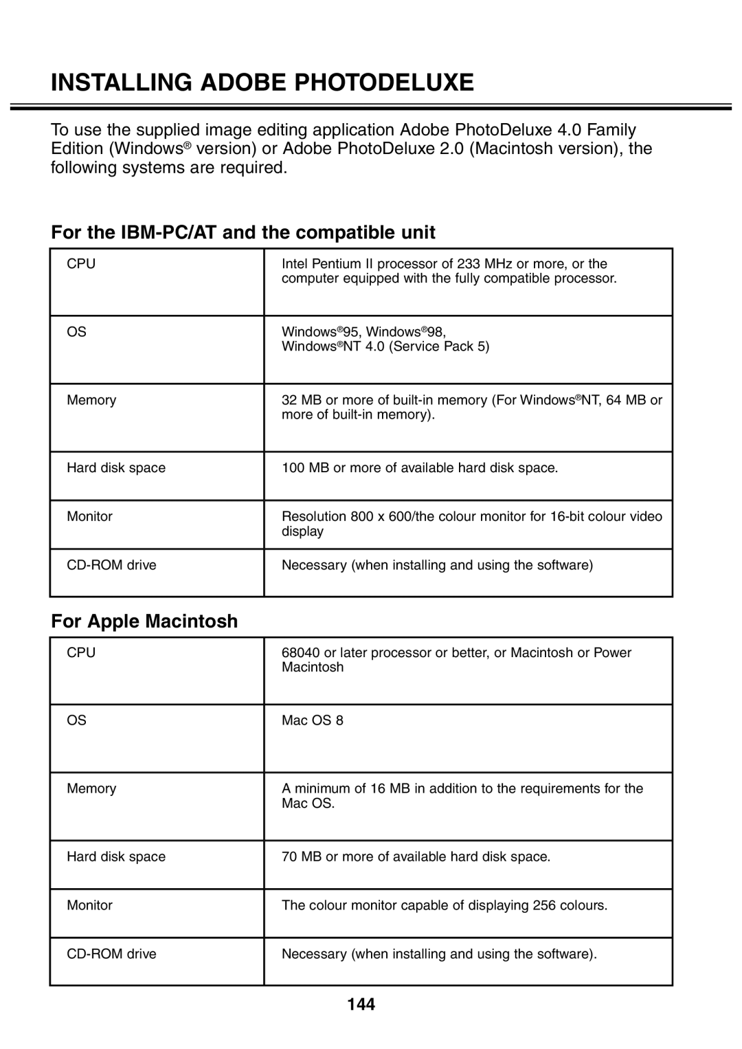 Minolta 2330 Installing Adobe Photodeluxe, For the IBM-PC/AT and the compatible unit, For Apple Macintosh, 144 