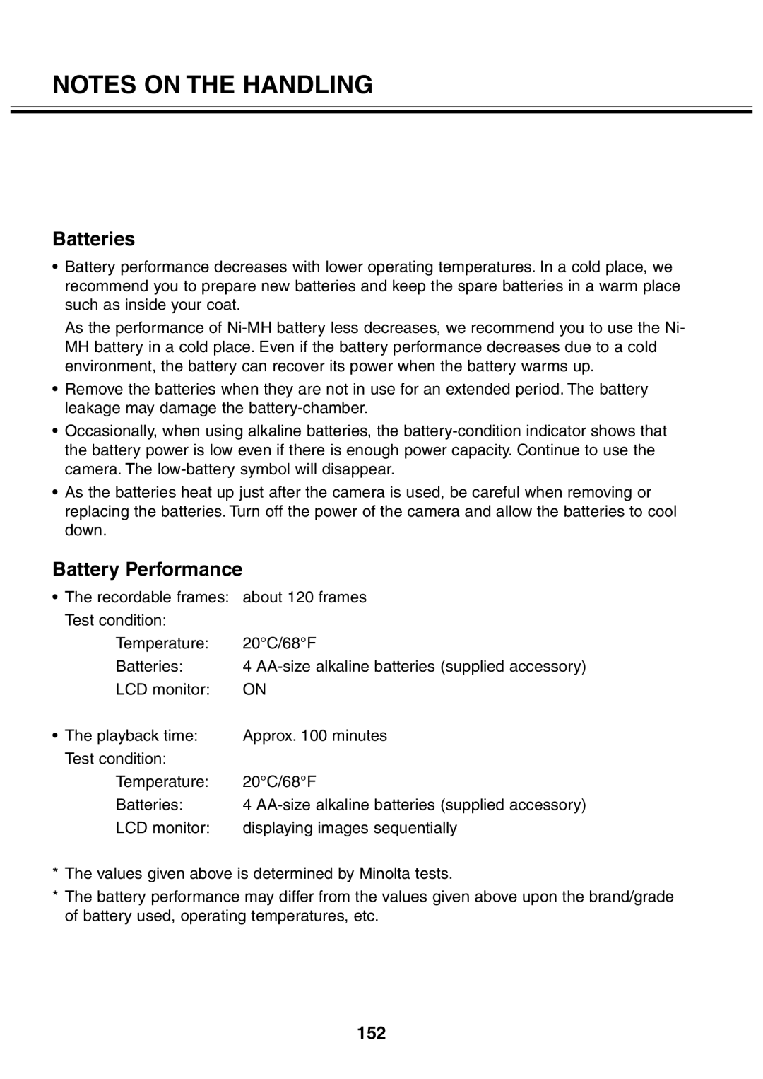 Minolta 2330 instruction manual Batteries, Battery Performance, 152 