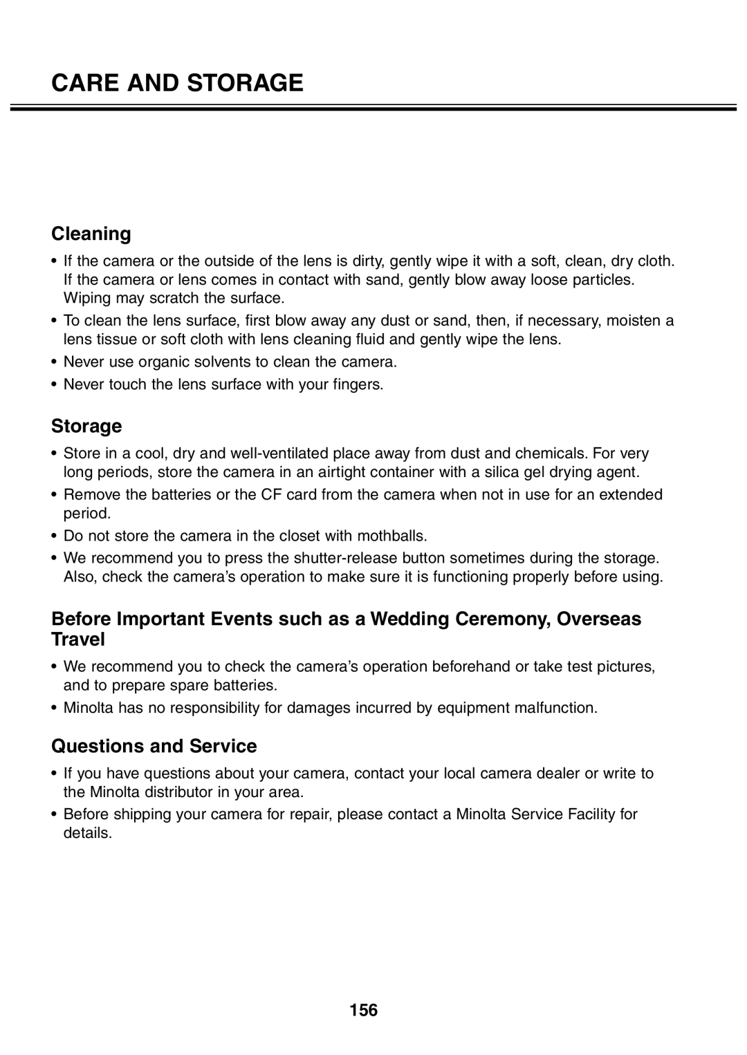 Minolta 2330 instruction manual Care and Storage, Cleaning, Questions and Service, 156 