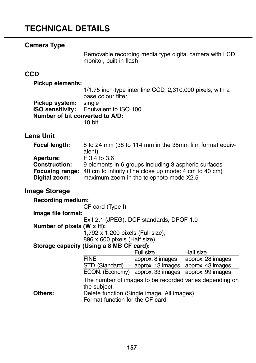 Minolta 2330 instruction manual Technical Details, Camera Type, Ccd, Lens Unit, Image Storage 