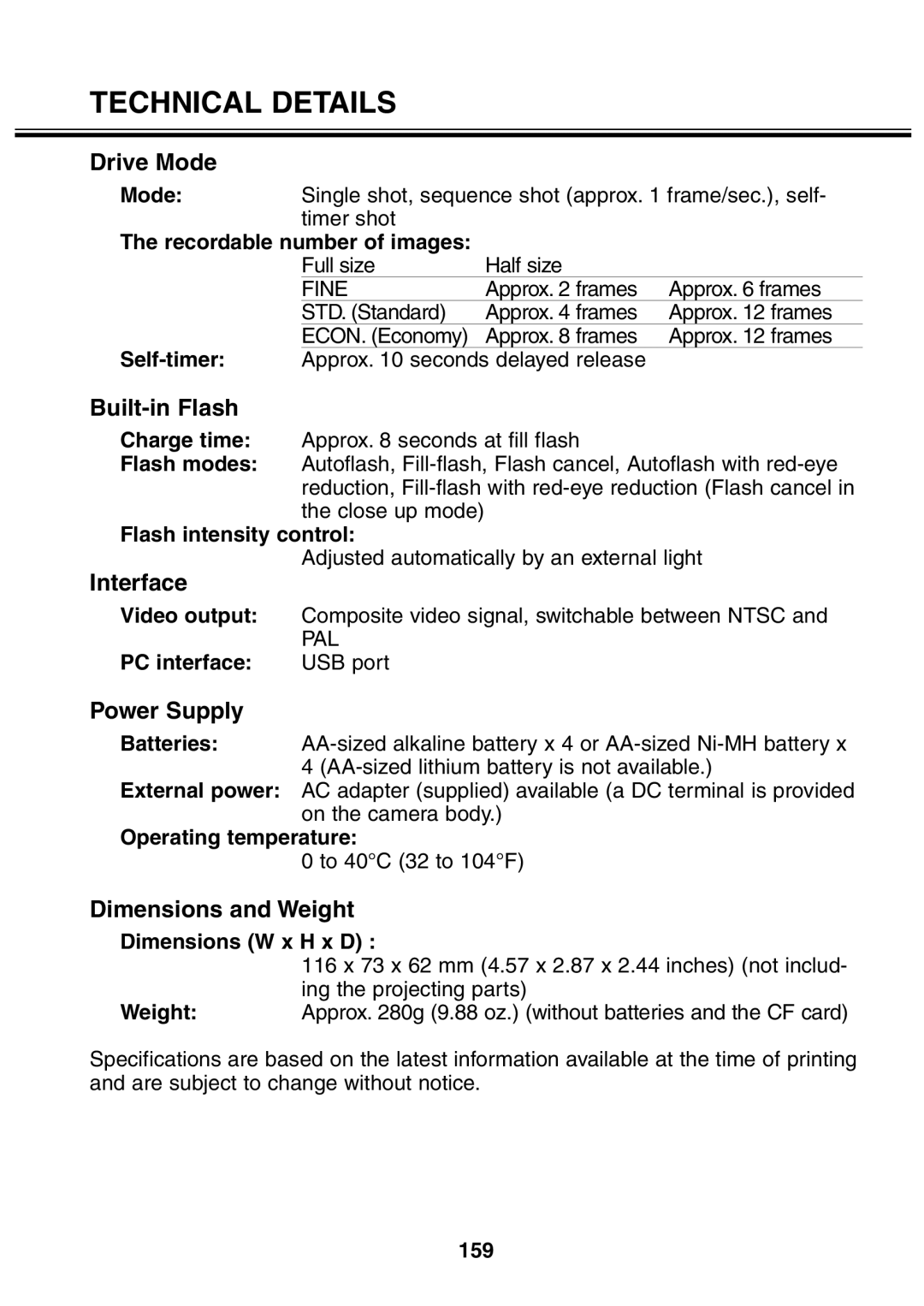 Minolta 2330 instruction manual Drive Mode, Built-in Flash, Interface, Power Supply, Dimensions and Weight 