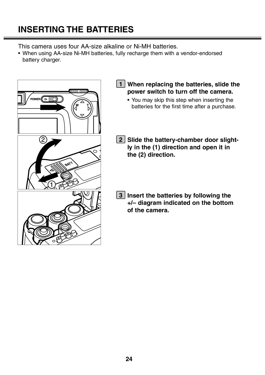 Minolta 2330 instruction manual Inserting the Batteries, This camera uses four AA-size alkaline or Ni-MH batteries 