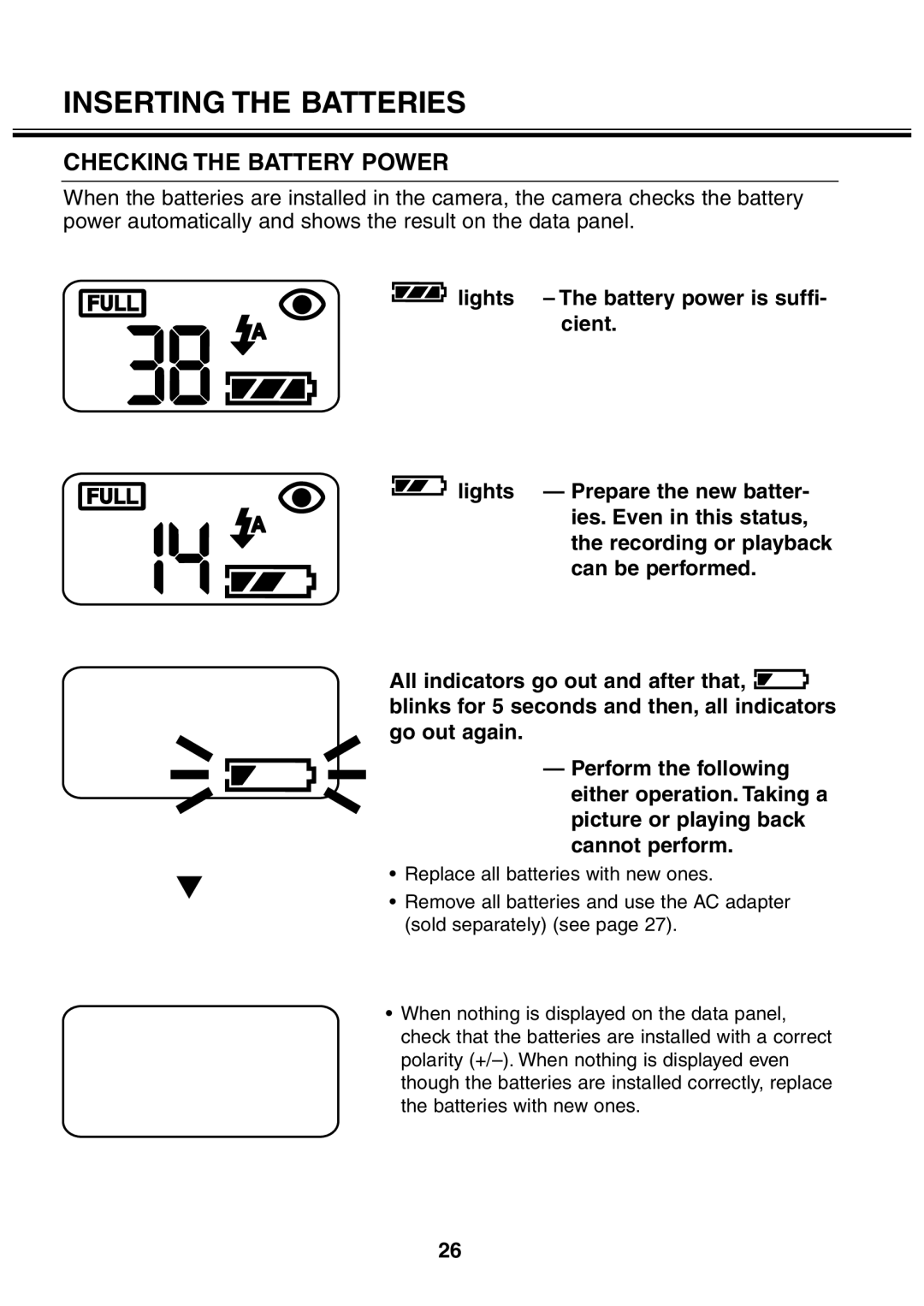 Minolta 2330 instruction manual Checking the Battery Power 