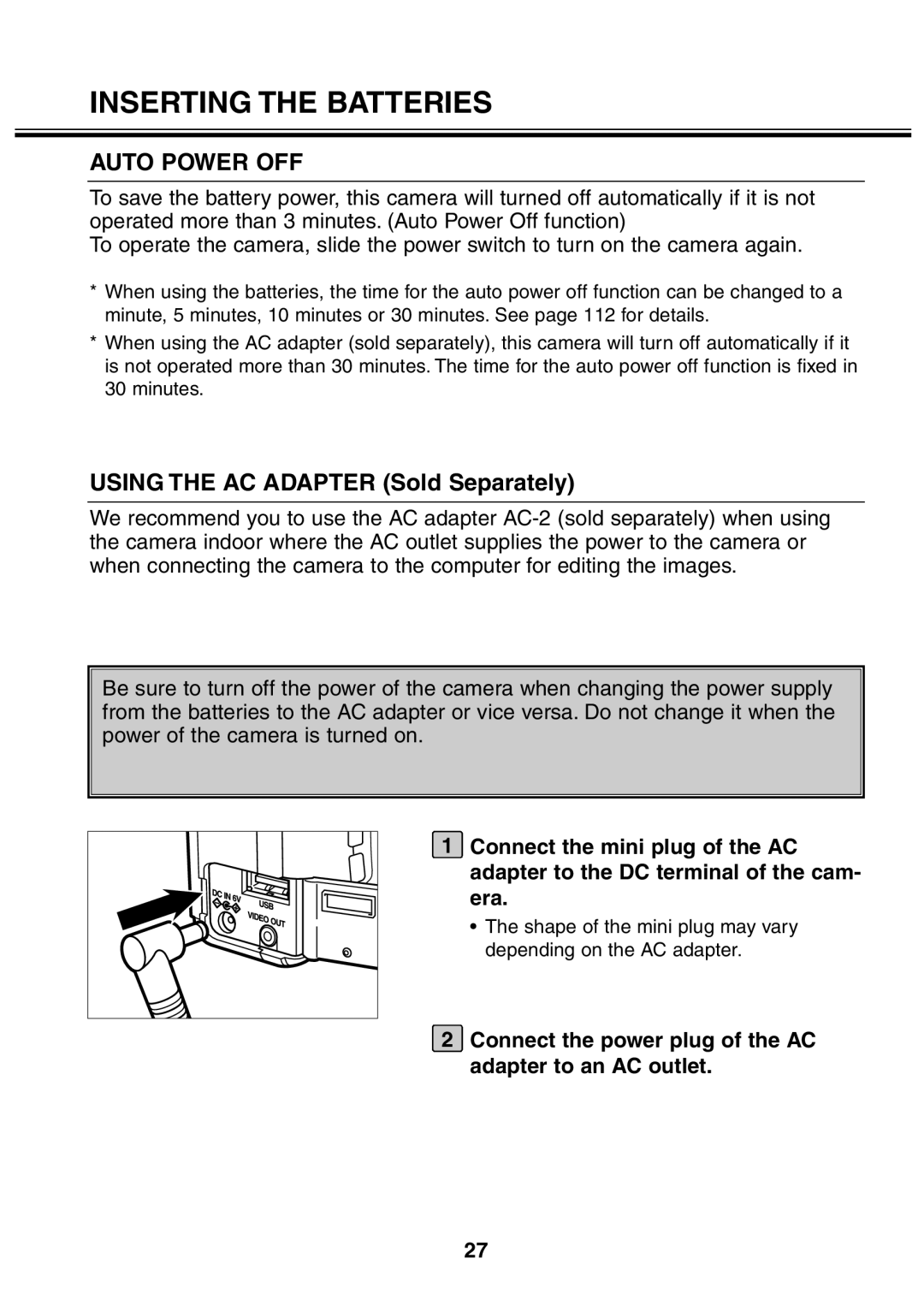 Minolta 2330 instruction manual Auto Power OFF, Using the AC Adapter Sold Separately, Era 