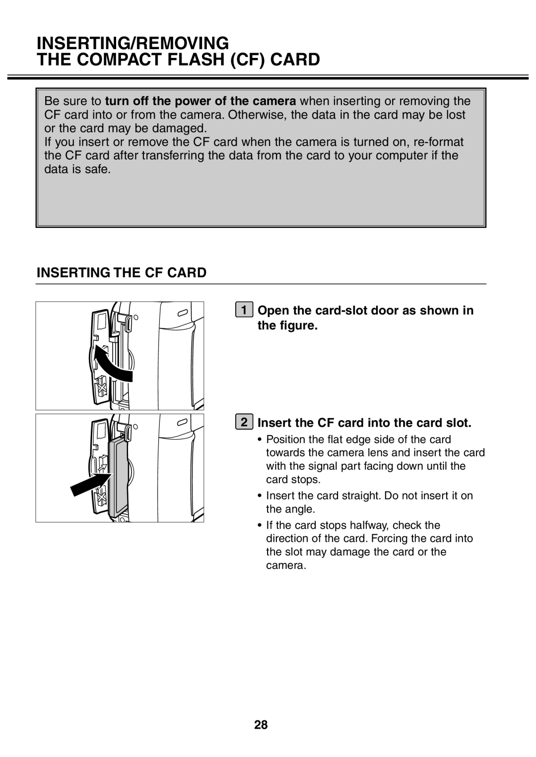 Minolta 2330 instruction manual INSERTING/REMOVING Compact Flash CF Card, Inserting the CF Card 