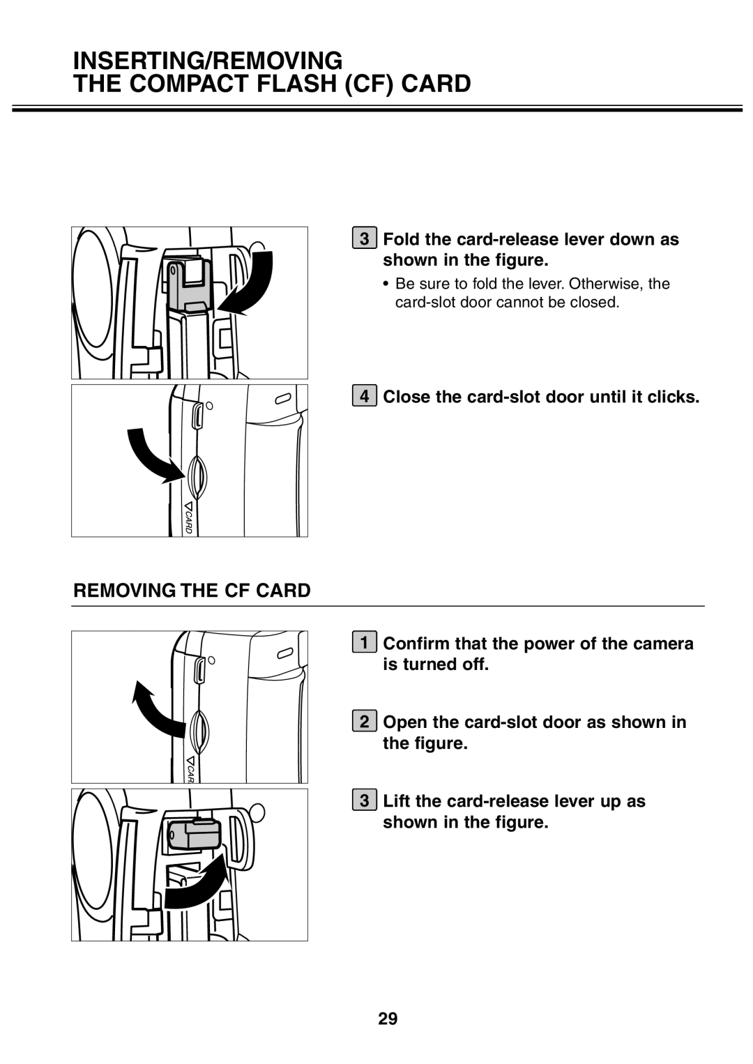 Minolta 2330 instruction manual Removing the CF Card, Fold the card-release lever down as shown in the figure 