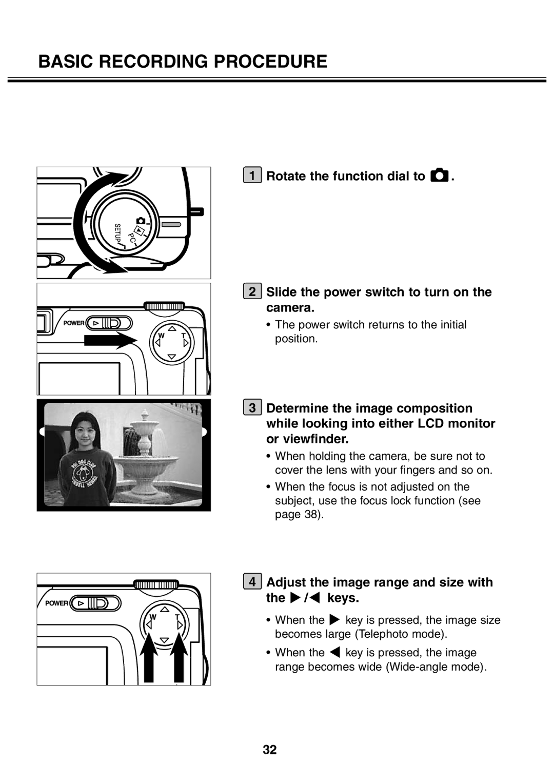 Minolta 2330 instruction manual Basic Recording Procedure, Adjust the image range and size with the / keys 