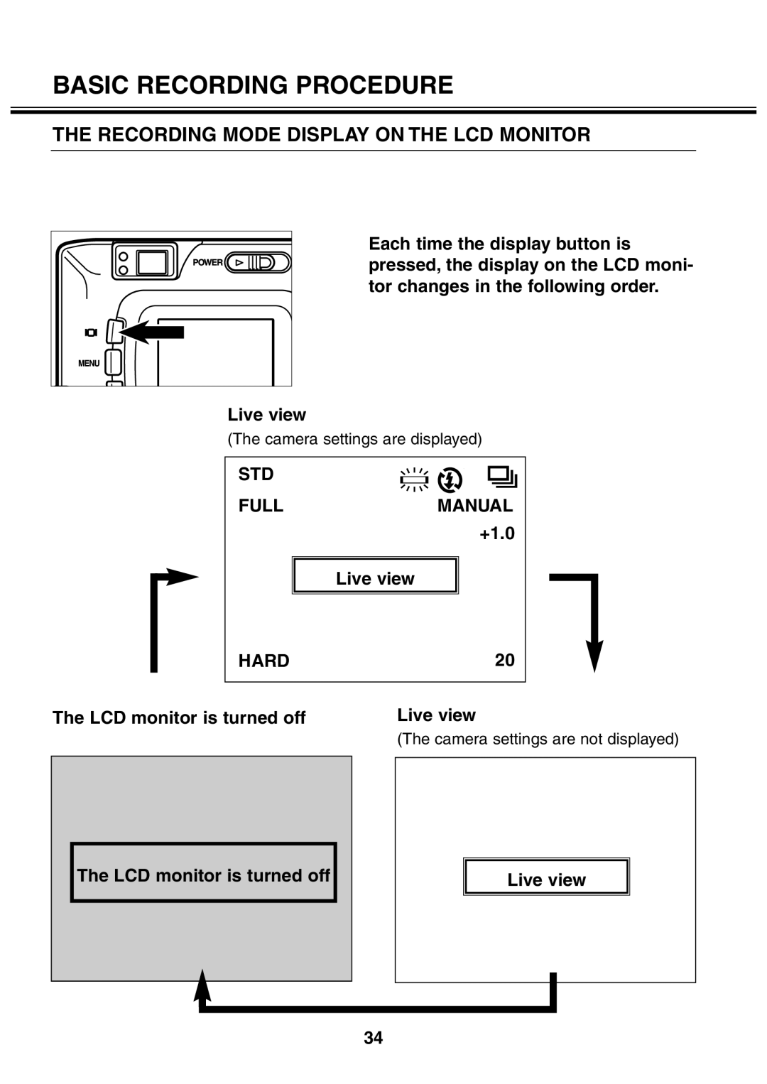 Minolta 2330 instruction manual Recording Mode Display on the LCD Monitor, +1.0, LCD monitor is turned off 